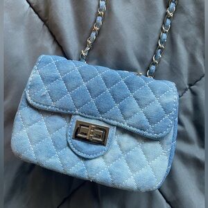 Blue Denim Quilted Chain Shoulder Bag
